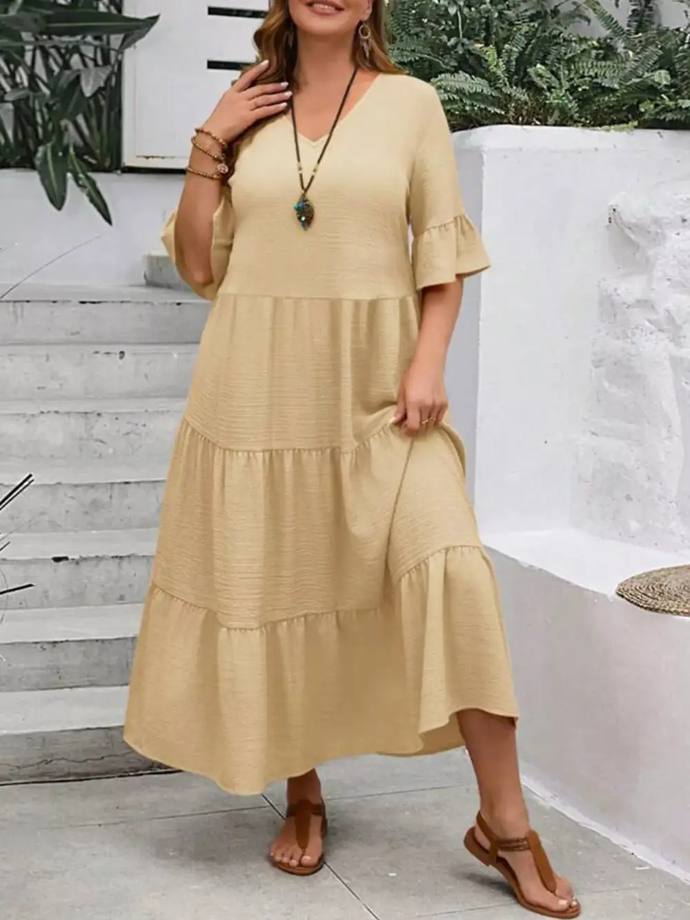 Plus Size Ruffle Sleeves Tiered Midi Dress