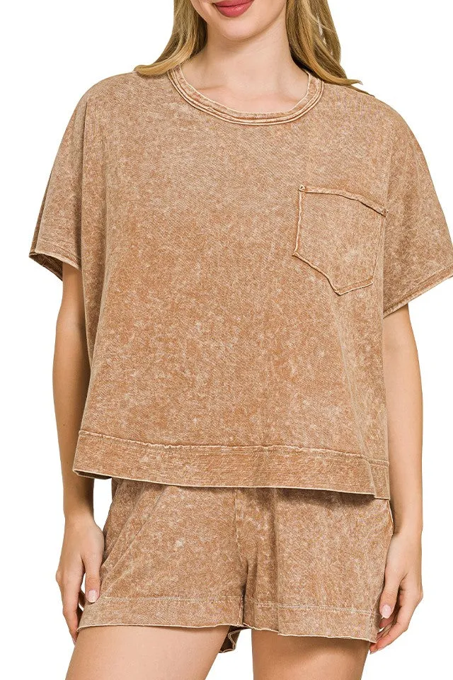 Zenana Halo Snow Washed Boxy Top & Shorts Set