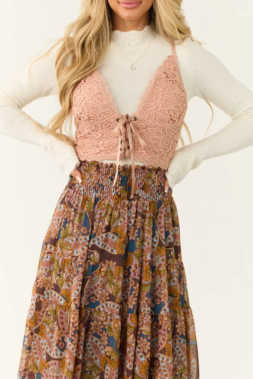 Peach Lace Up V Neck Top