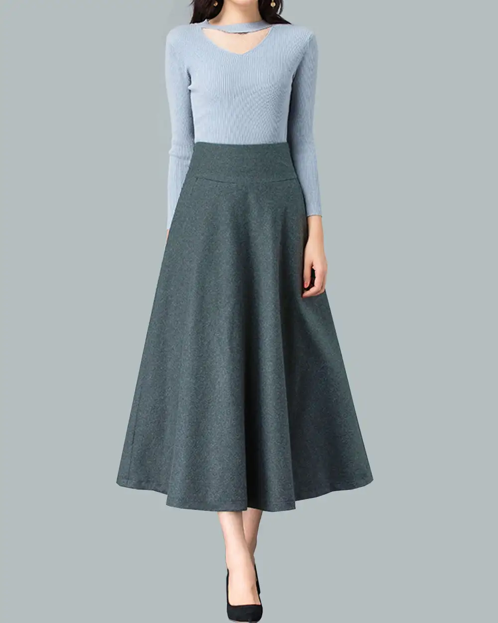Relaxed Pleated Wool Flared Midi Skirt