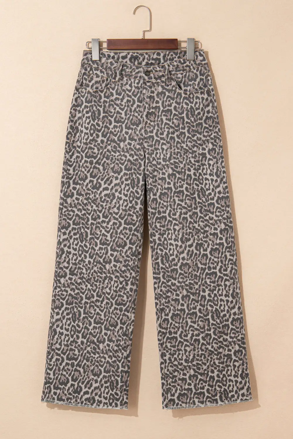 Wide Leg High Waist Frayed Leopard Jeans