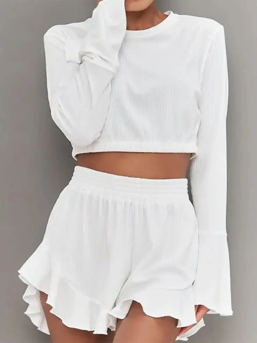 Round Neck Long Sleeve Top and Ruffled Shorts Set