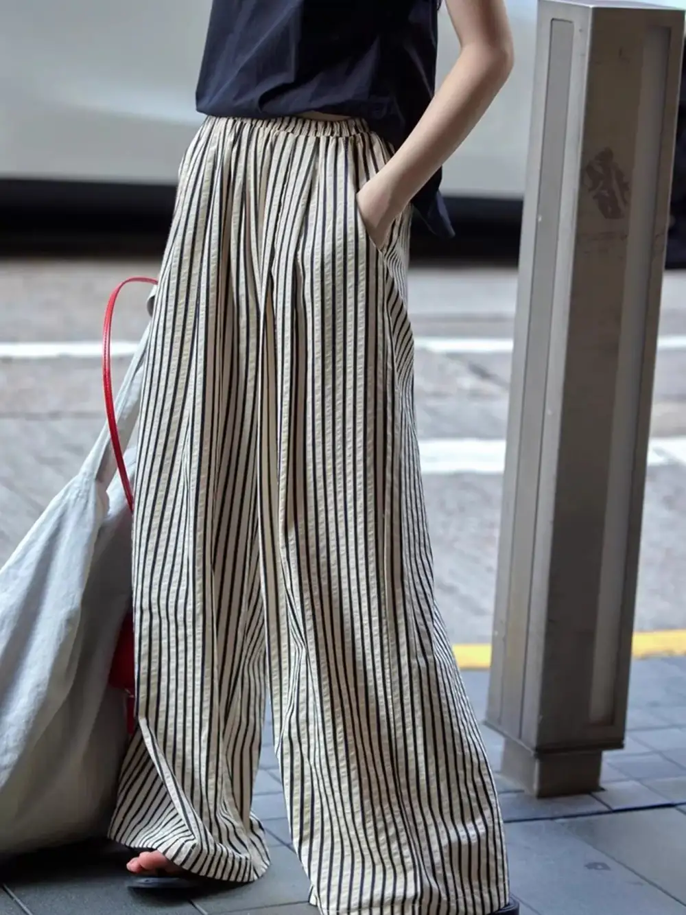 Full Size Striped Drawstring Waist Wide Leg Pants