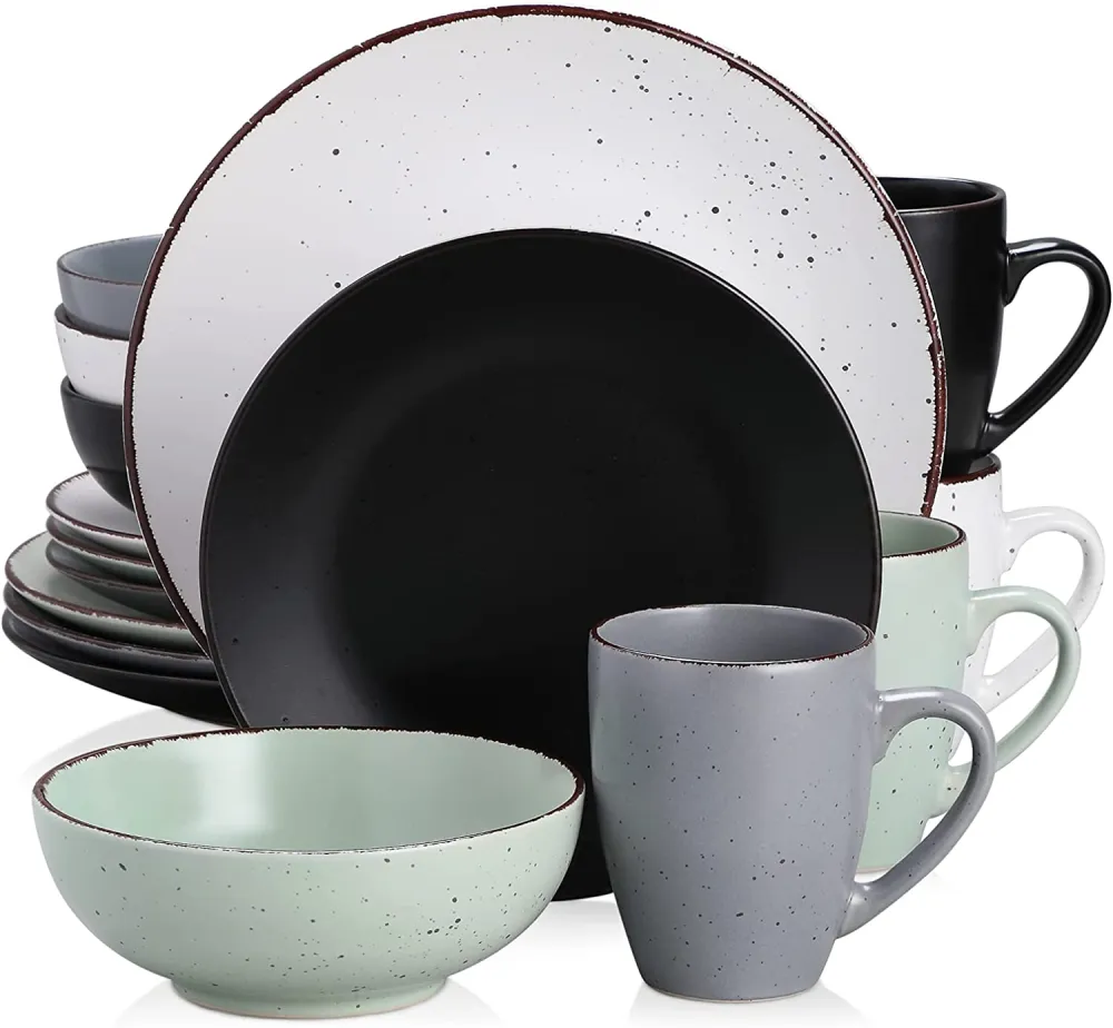 vancasso Navia Ceramic Dinnerware Set, 48 pieces Set of 12 Stoneware Spray Spot Patterned Service Dish with Dinner Plates, Salad Plates, Bowls, Mugs - Grey