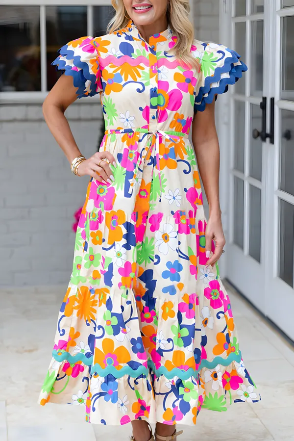 Trim Flutter Sleeve Buttoned Floral Maxi Dress