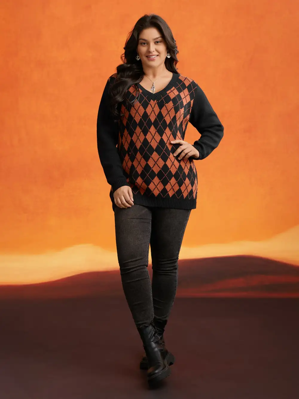 V-Neck Plaid Print Halloween Pullover