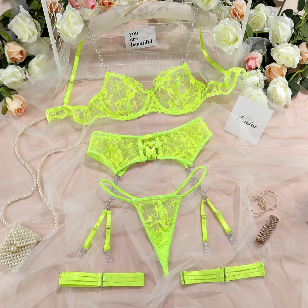 Textured Lace Garter Lingerie Set