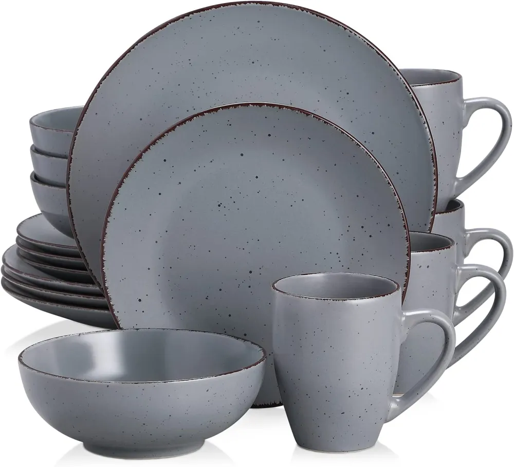 vancasso Navia Ceramic Dinnerware Set, 48 pieces Set of 12 Stoneware Spray Spot Patterned Service Dish with Dinner Plates, Salad Plates, Bowls, Mugs - Grey