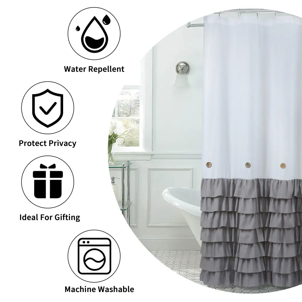 (Store Closing Sale) HIG Farmhouse Shower Curtain with PEVA Liner Bathroom Curtain with Buttons Decor, 72