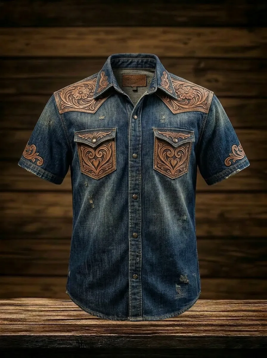 Men's Western Cowboy Floral Tooled Leather Printed Denim Shirt