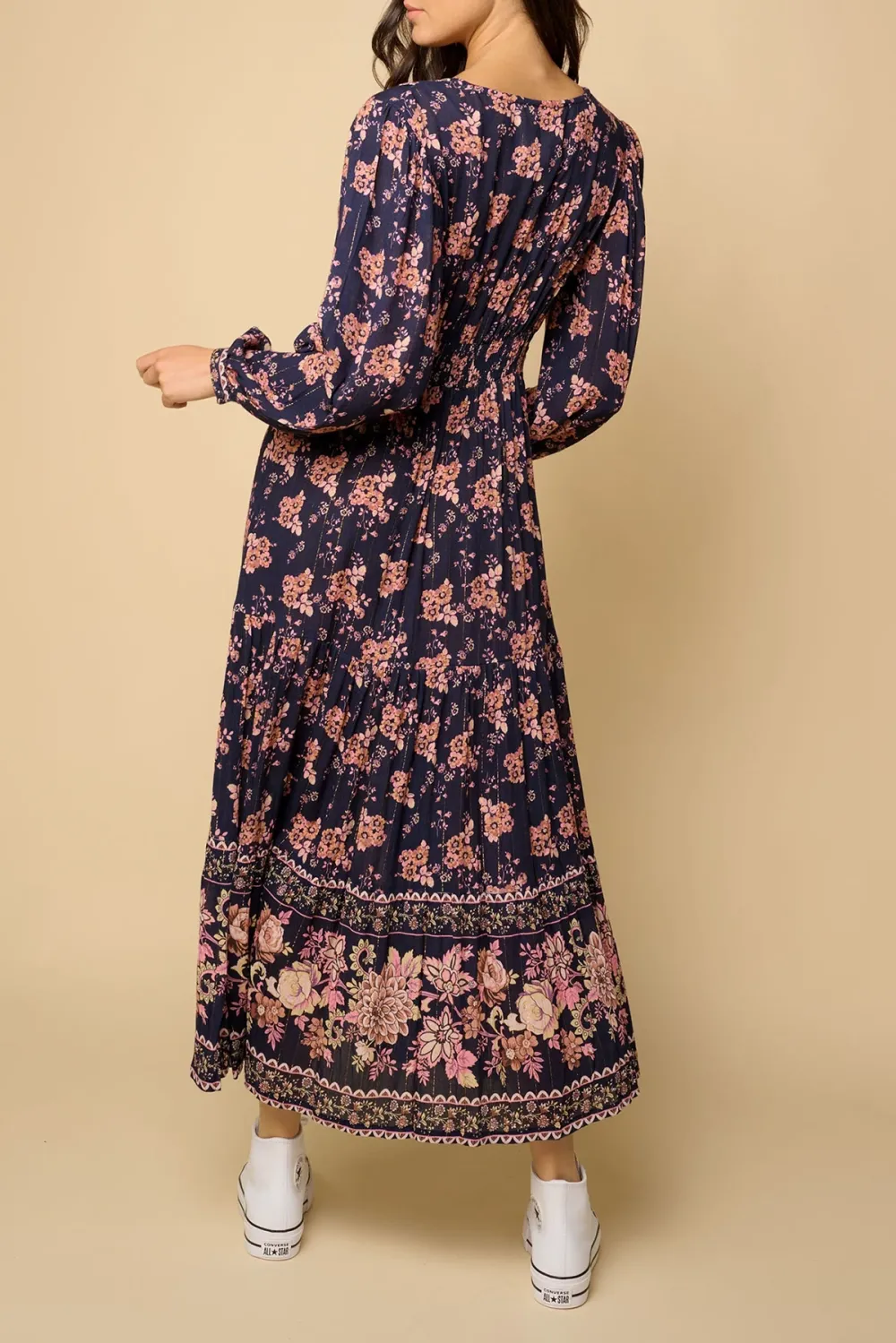 Navy And Pink Floral Print Long Sleeve Maxi Dress