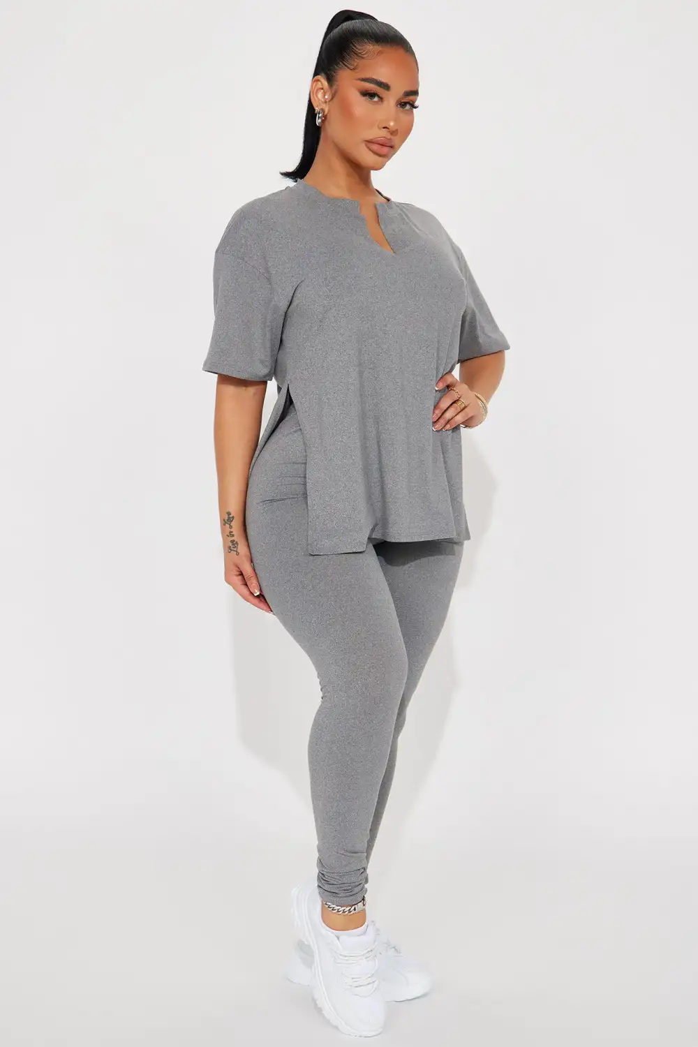 Lets Chill Together Short Sleeve Legging Set - Heather Grey