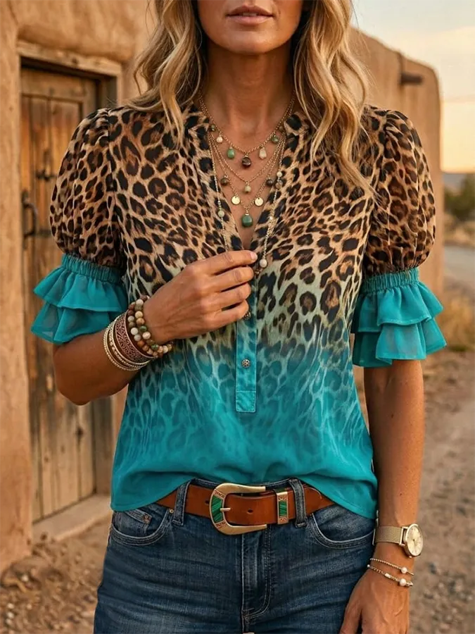Wild West Leopard Gradient Art Print V-neck Puff Sleeve Ruffle Shirt
