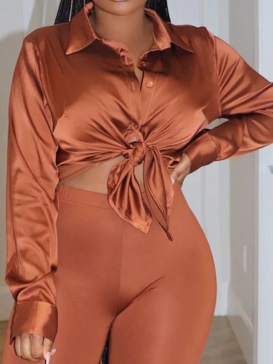 Chocolate brown satin shirt pants set