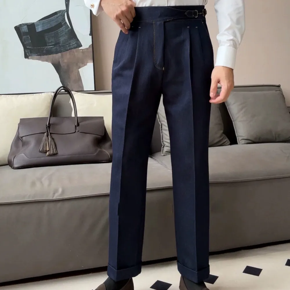 Double Pleat Denim Trousers