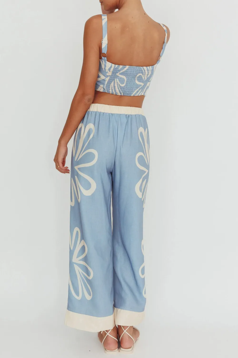 Soft Elastic Waist Plant Print Ladies Wide Leg Pants
