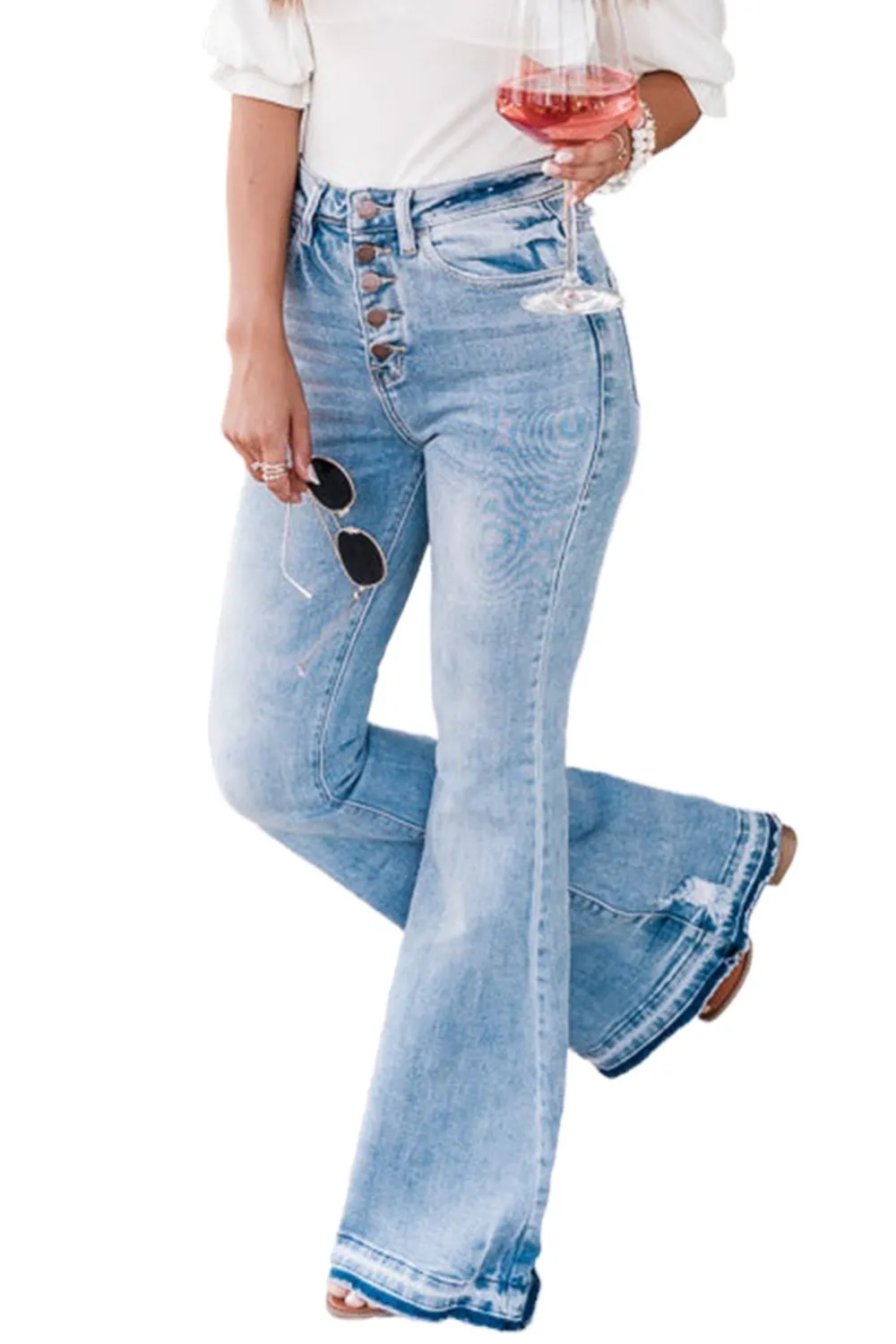 Sky Blue High Waist Buttoned Distressed Flared Jeans