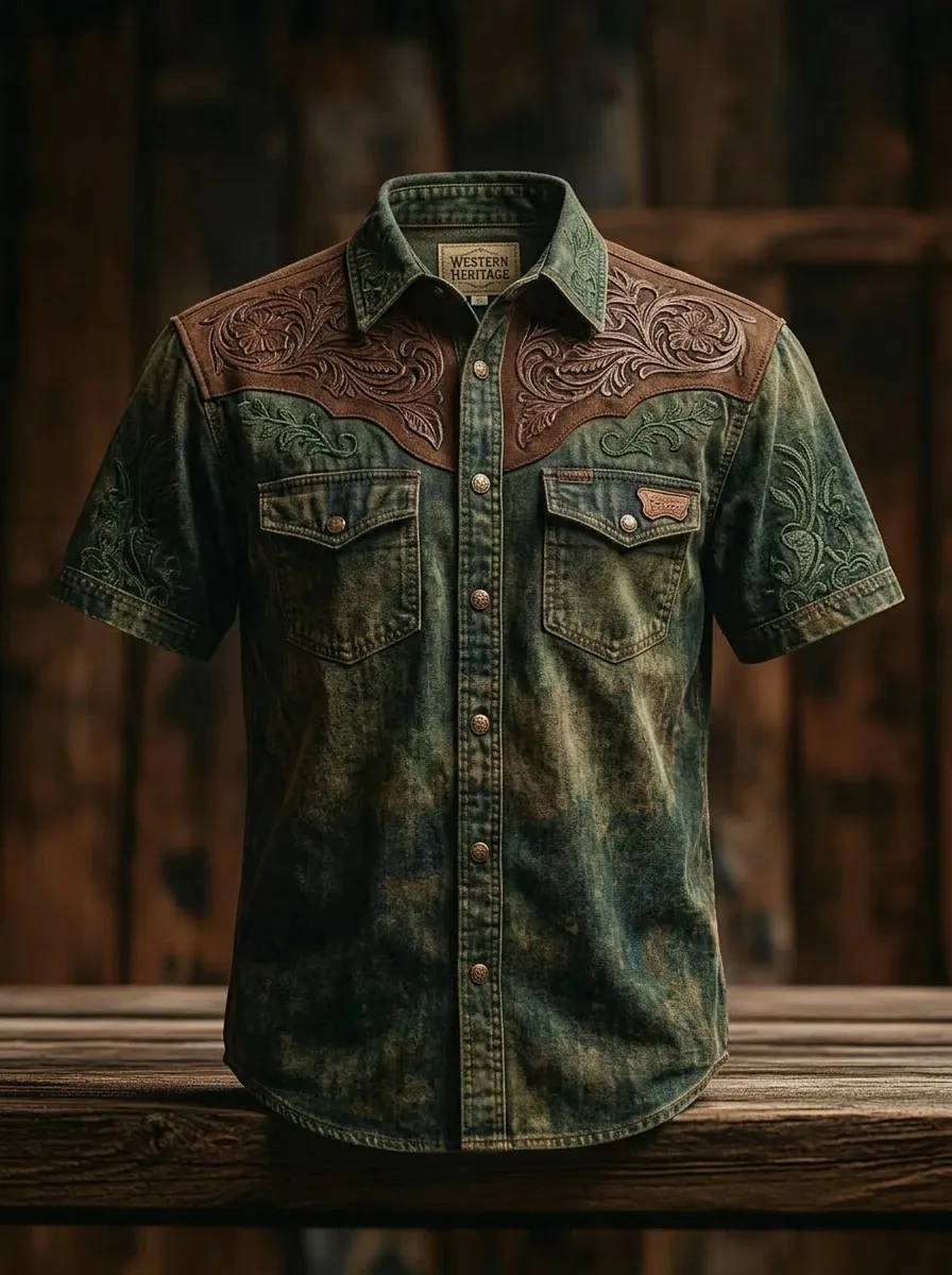 Men's Western Cowboy Floral Tooled Leather Printed Shirt-6