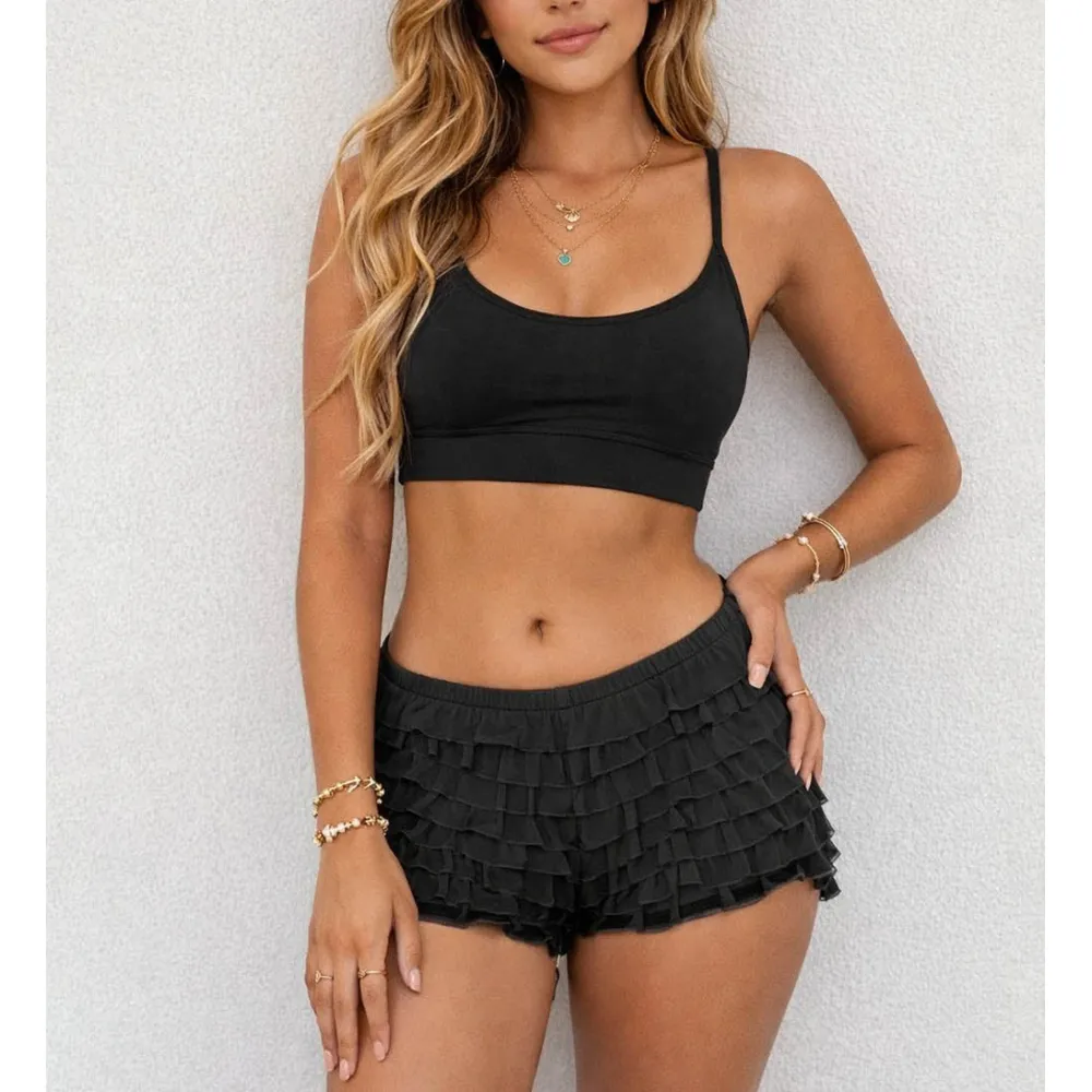 Tiered Mesh Ruffle Solid Color Elastic Waist Mini Shorts