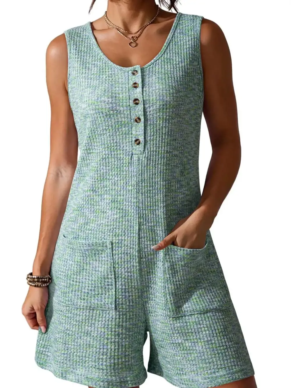 Button Front Sleeveless Romper