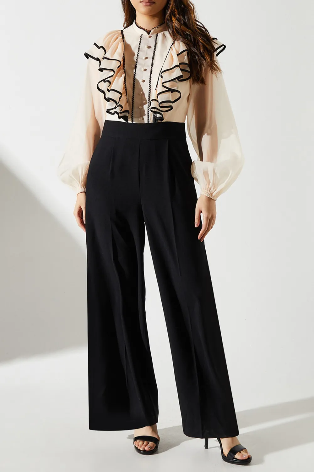 Women's High Collar Ruffled Long Sleeve Loose Casual Jumpsuit