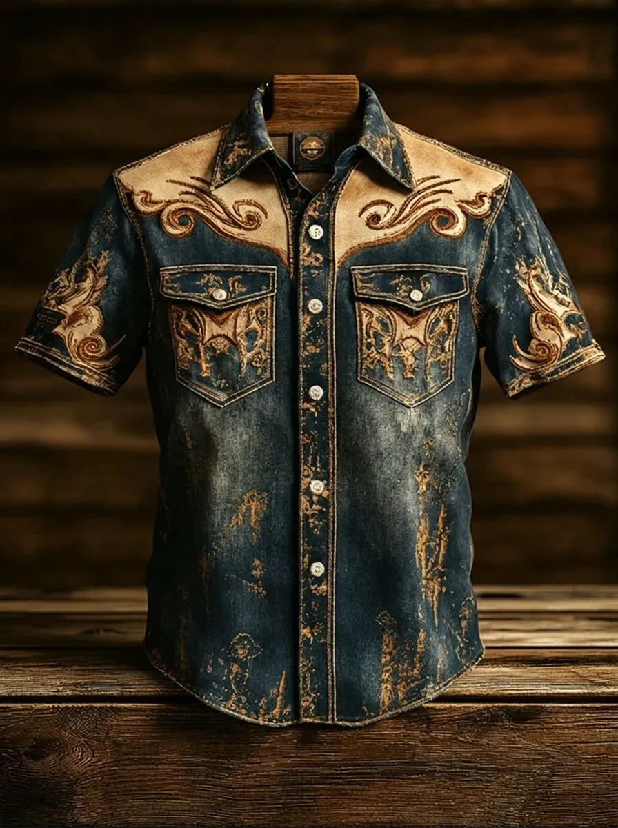 Men's Western Cowboy Vintage Floral Embroidered Printed Shirt