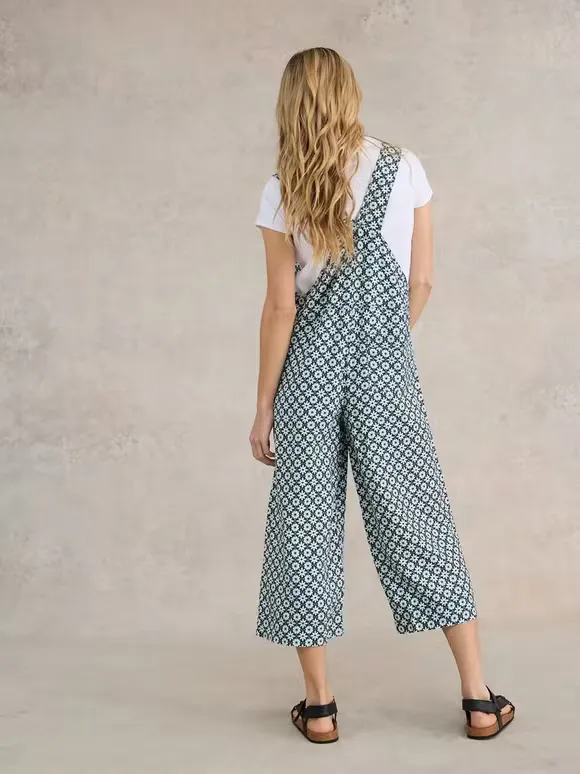 Crop Linen Dungaree In Green Print