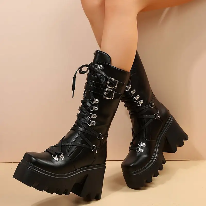 Thick Platform Mid-Calf Punk Boots