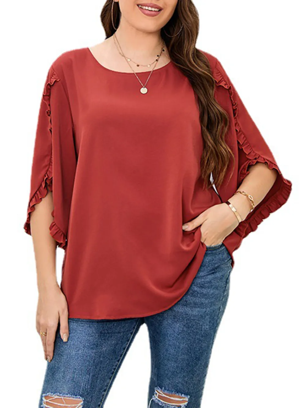 Women Casual Large Size Red Short Sleeve Loose Top