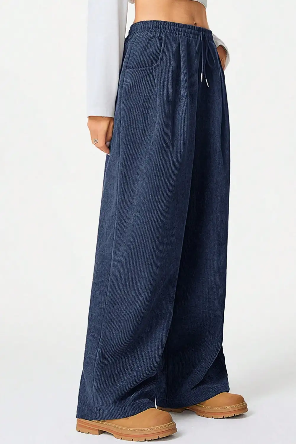 Drawstring Flannel Wide Leg Pants