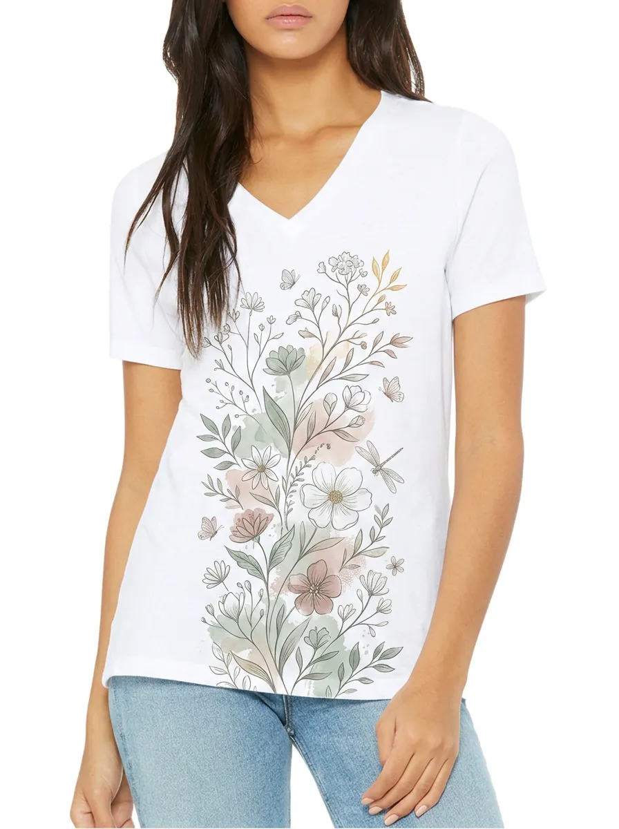 Women's Botanical Wildflower Dragonfly Printed V-neck T-shirt