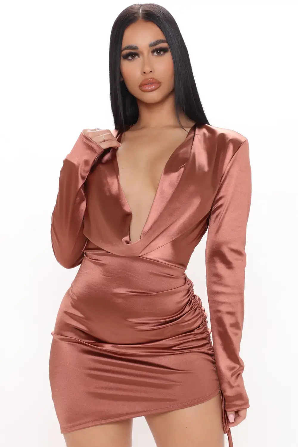 Satin Secrets Ruched Mini Dress - Rose