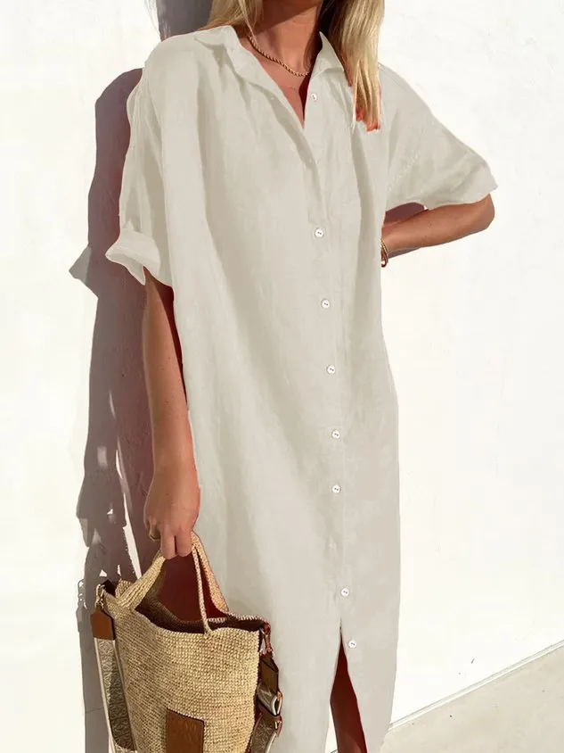 Loose Shirt Collar Short Sleeve Casual Cotton Dress