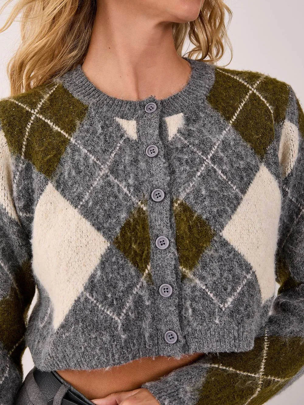 Women's Vintage Argyle-Patterned Fuzzy Cardigan