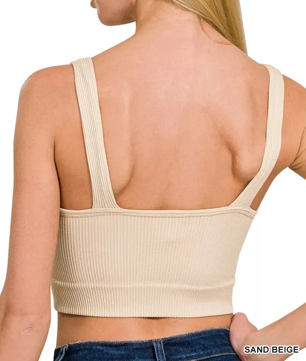 Seamless Ribbed Cropped Bra Padded V Neck