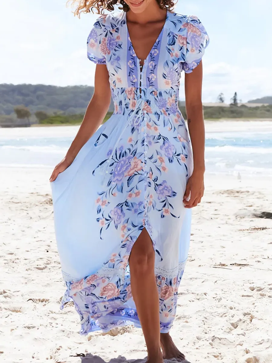 V-neck short sleeve Bohemian holiday floral slit dress