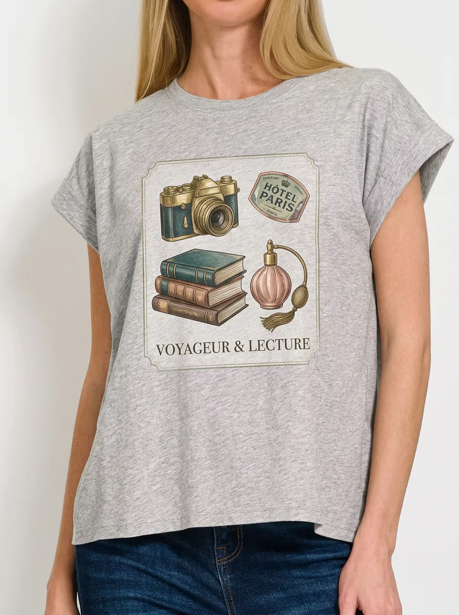 Women's Paris Travel Book Lover Camera Perfume Printed T-shirt