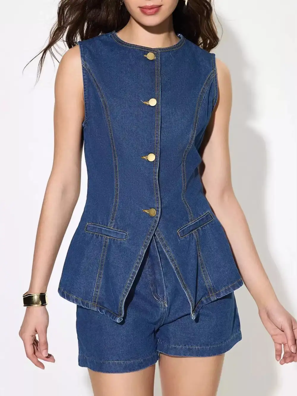 Button Up Sleeveless Denim Top and Shorts Set
