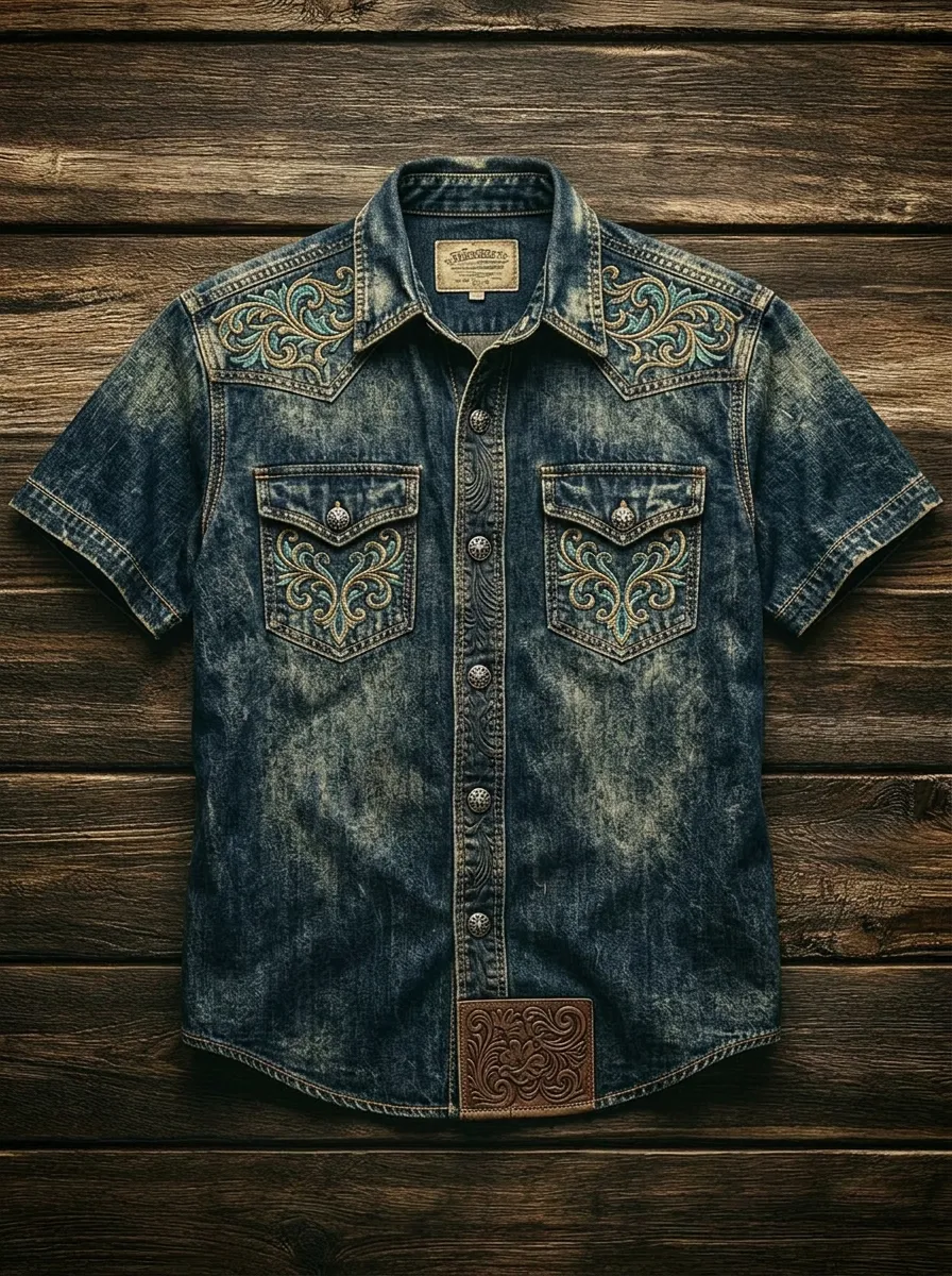 Men's Western Cowboy Floral Embroidery Acid Wash Denim Shirt