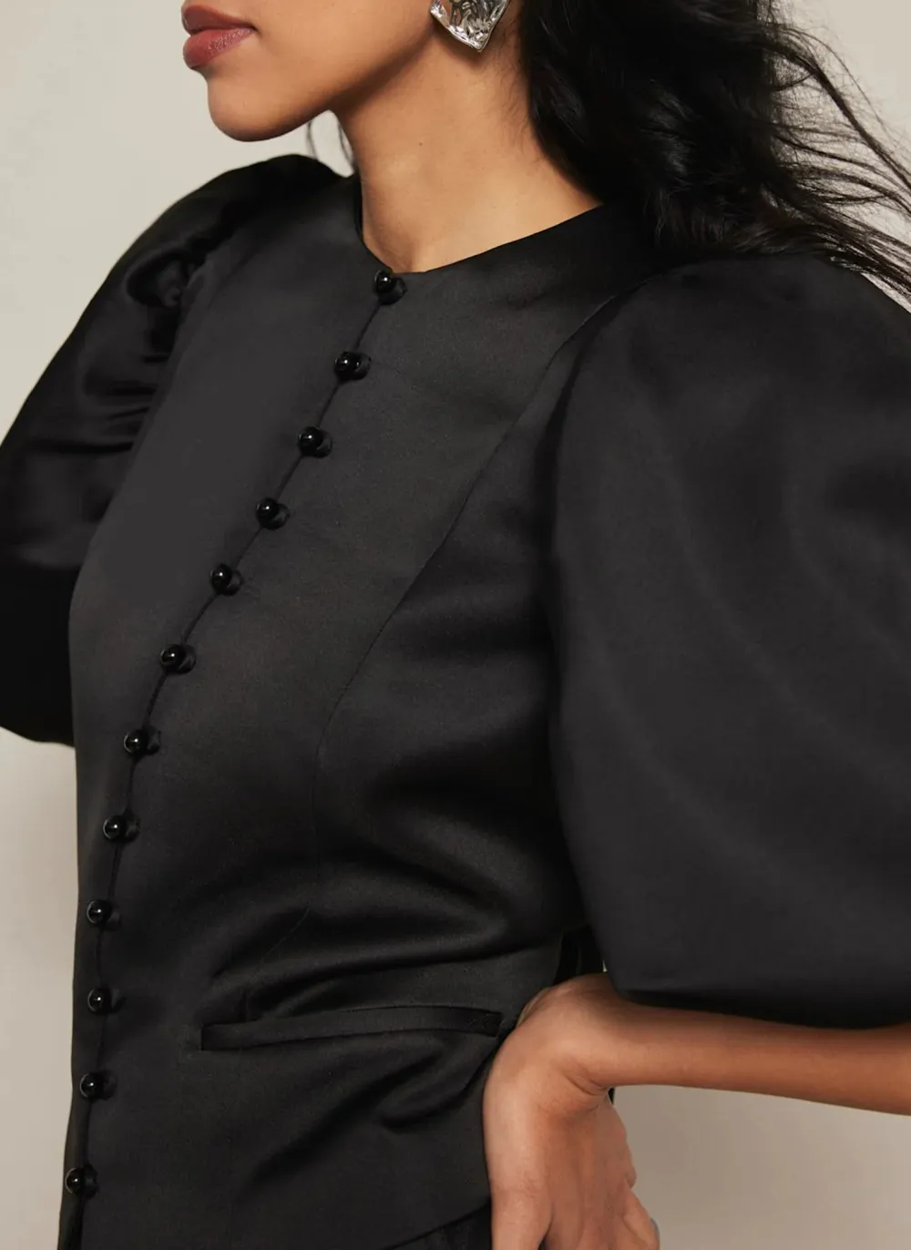 Casual Style Black Puff Sleeve Satin Jacket
