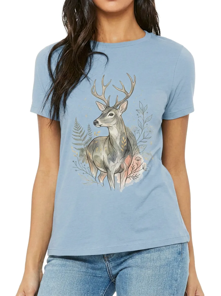 Women's Nature Wildlife Deer Floral Printed T-shirt