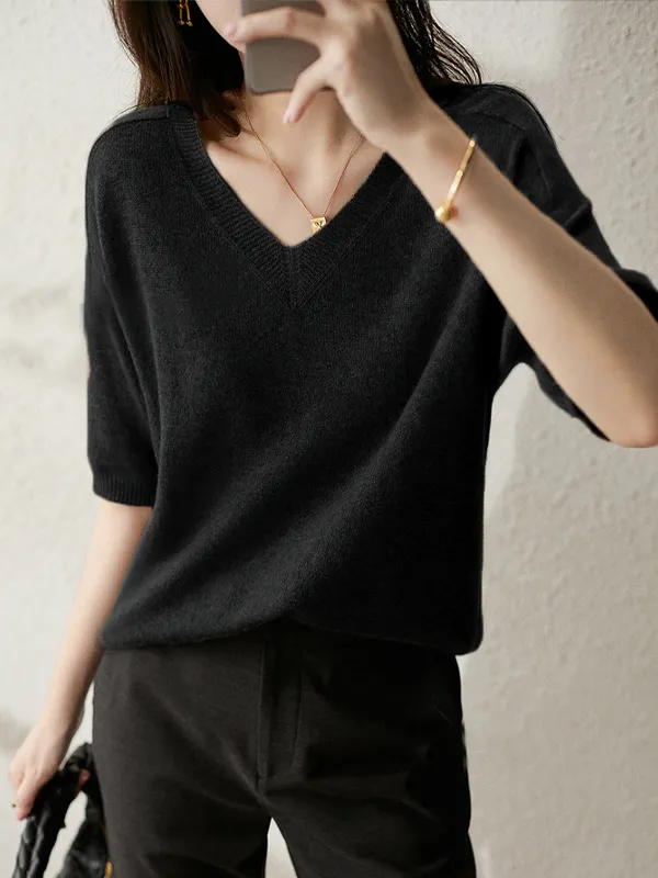 Loose Solid Color Half Sleeve Knitted Sweater