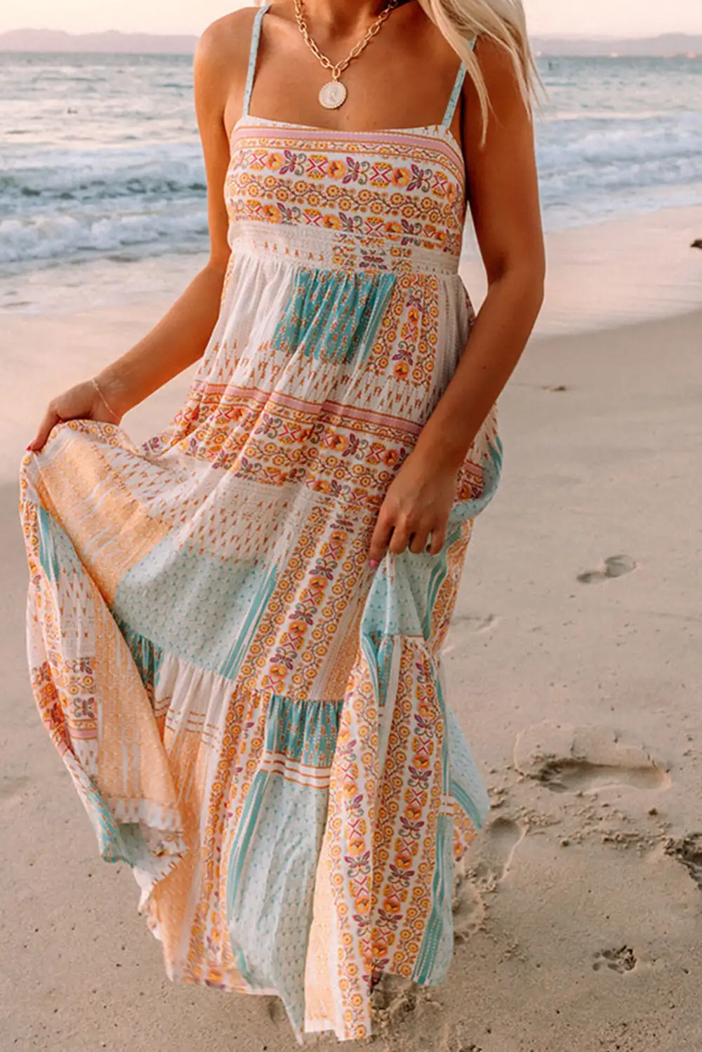Boho Patchwork Print Square Neck Dress