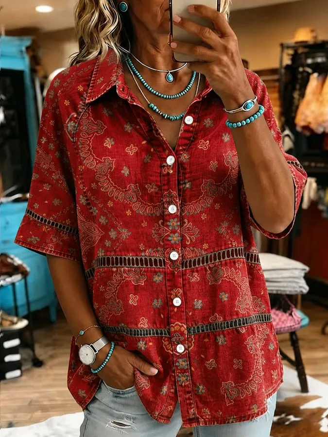Women'S Retro Western Style Printed Casual Shirt