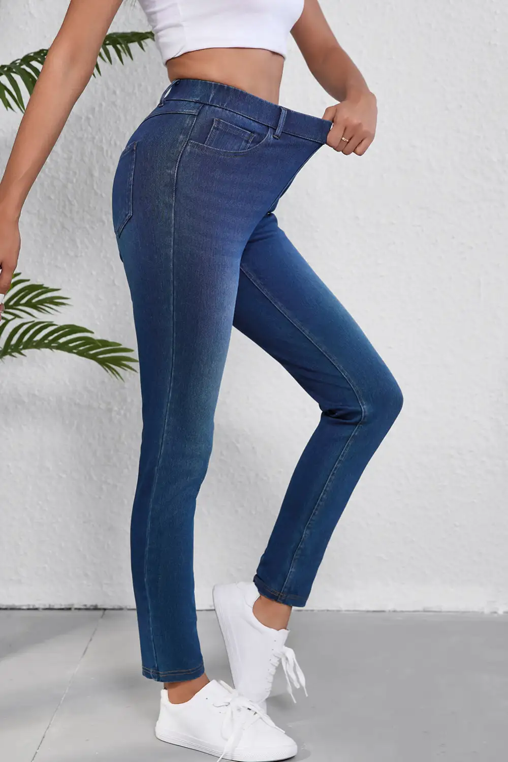 Blue Multiple Pockets Straight Leg Washed Stretchy Knit Casual Jeans