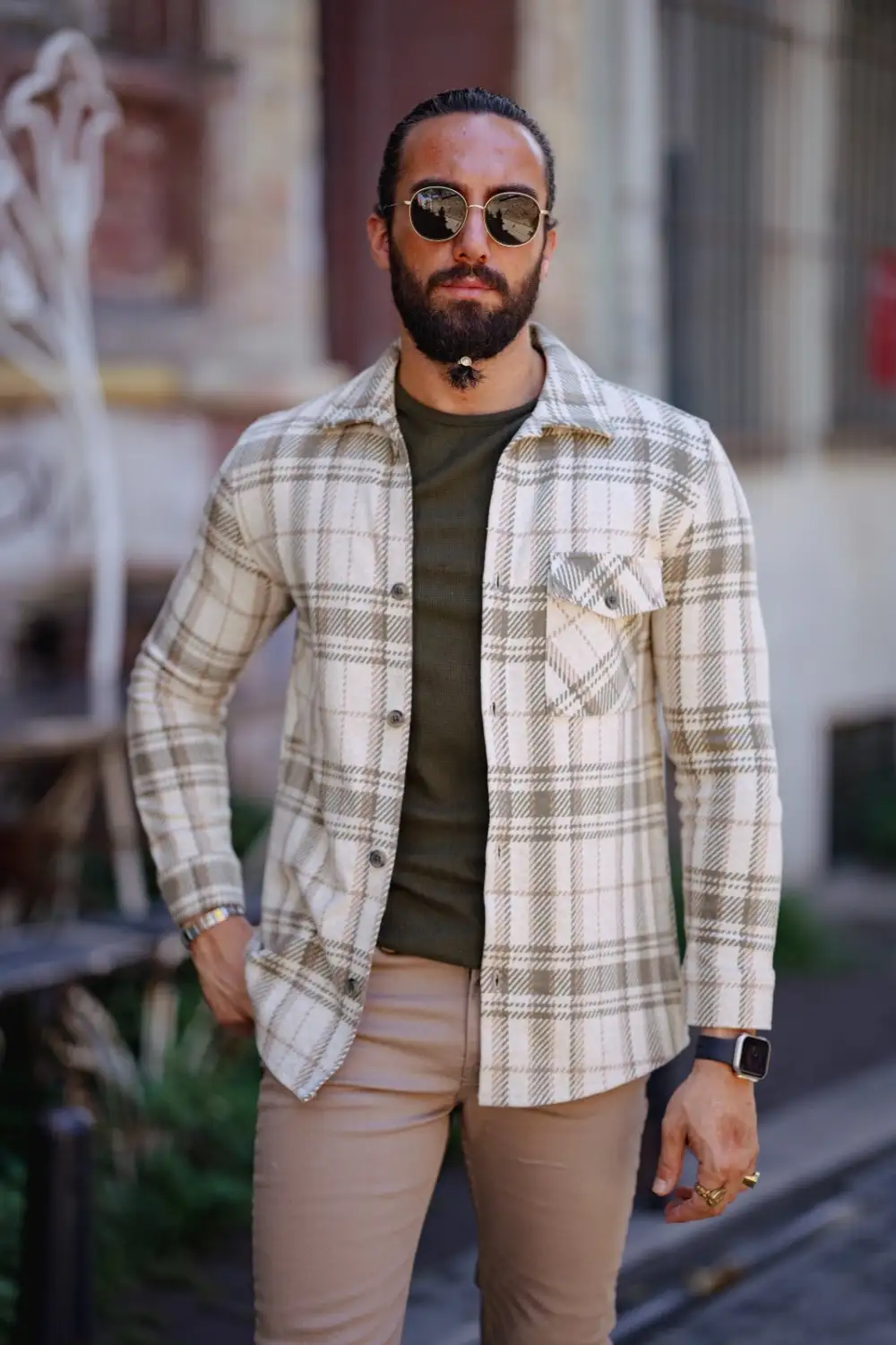 Bojoni Matera Slim Fit Cream  Striped Lumberjack Shirt