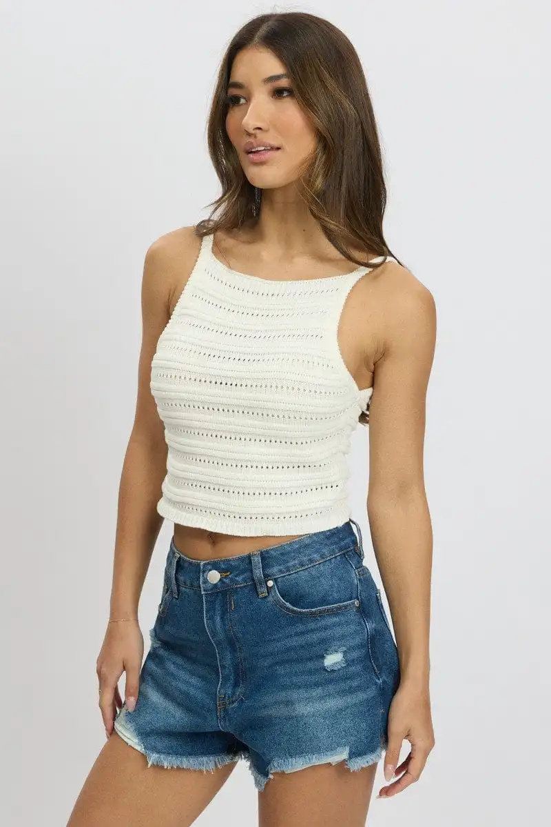 White Crochet Knit Tank Top