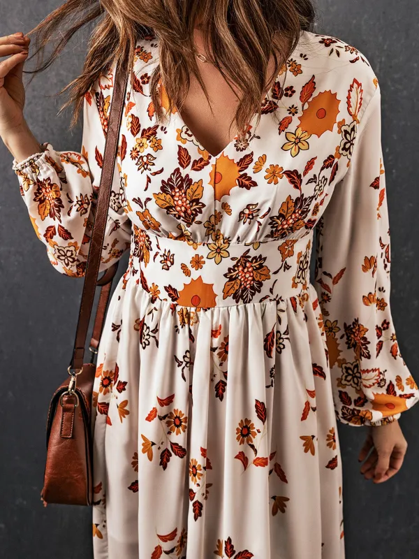 Floral V-Neck Long Sleeve Maxi Dress