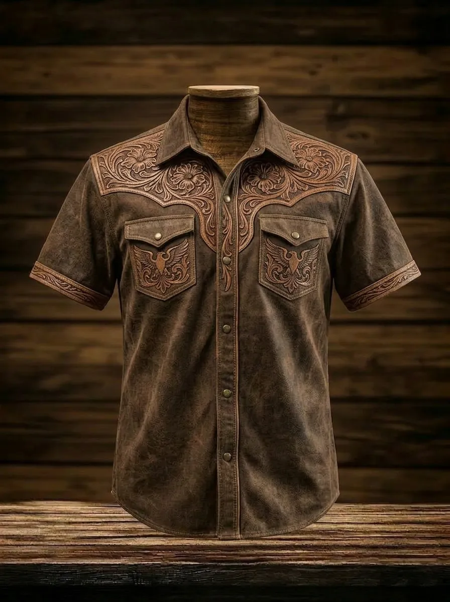 Men's Western Cowboy Floral Eagle Tooled Leather Printed Shirt