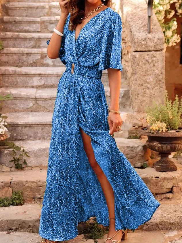 Women Floral High Waist Micro-Elasticity Loose Short Sleeve A-Line Maxi Dress